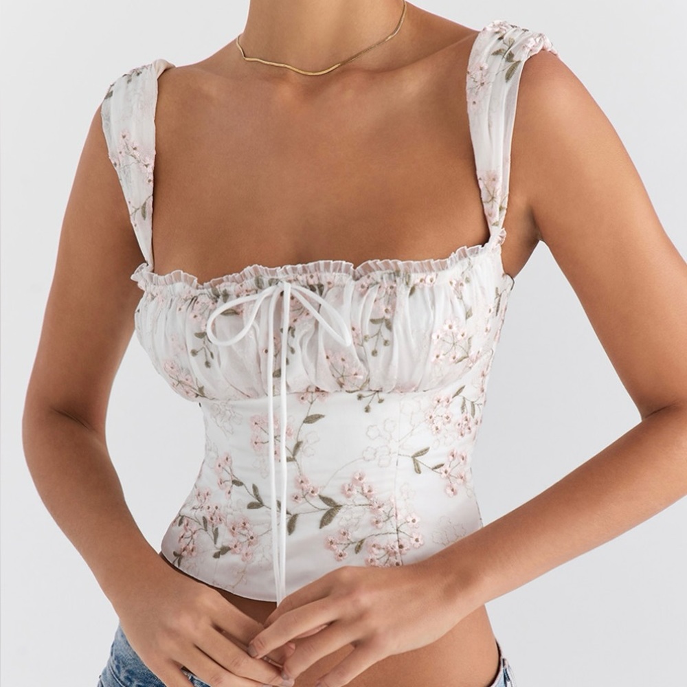 Mistress Rocks Cream and Pink Smocked Tie Front Camisole